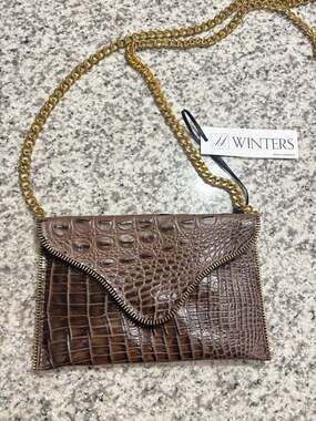 JJ Winters Brown Croco Embossed Leather Envelope Crossbody Chain Bag
